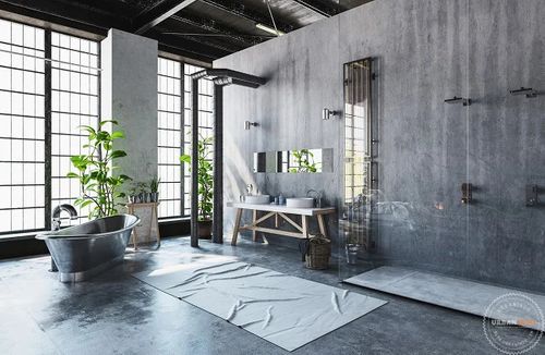 Desain interior rumah kamar mandi kering dengan lantai semen ekspos
